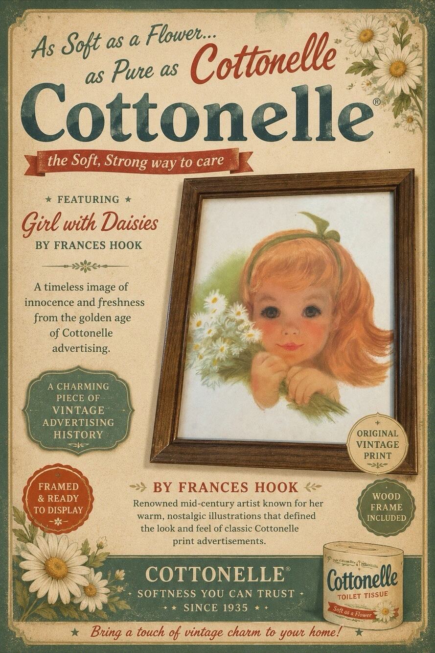 Vintage Cottonelle Advertisement Girl w/Daisy's by Frances Hook, Wood Frame